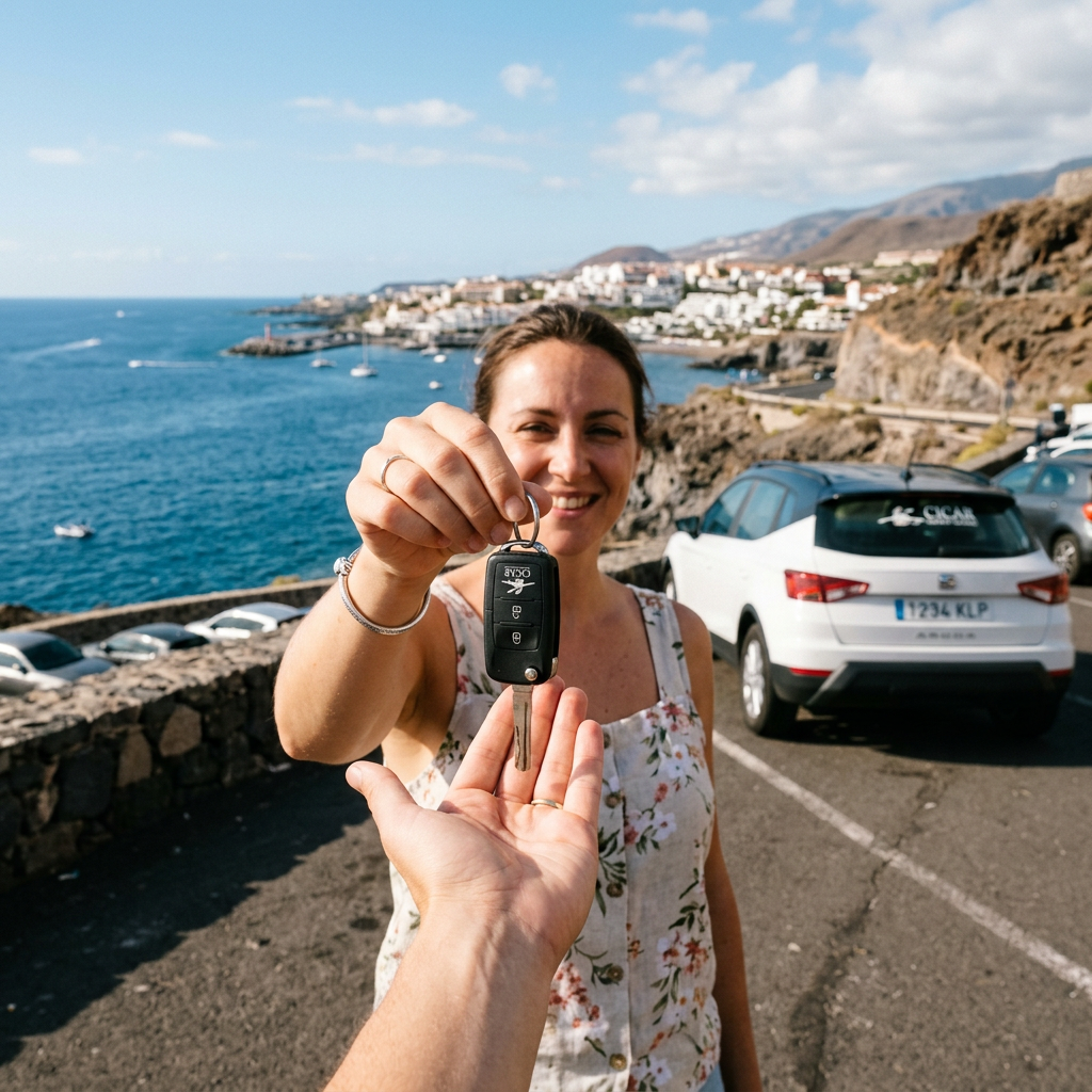 Woman handing car keys to another person in a seaside parking lot